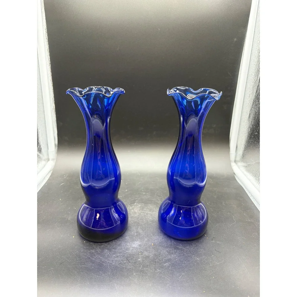 Vintage‎ Cobalt Blue Glass Bud Vases Set of 2 Ruffled Rim Hourglass Shape 8 Inch